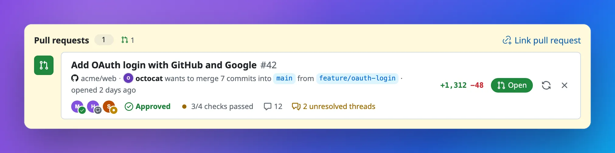 A linked pull request on a Redmine issue: approved, 3 of 4 checks passed, 12 comments and 2 unresolved threads